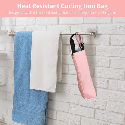 OMISTAR 2-Pack Heat Resistant Curling Iron Bags - Hanging Holder & Mat for Flat Irons, Travel Storage Pouch for Hot Hair Tools, Portable Zipper Bag for Home & Travel (Pink)