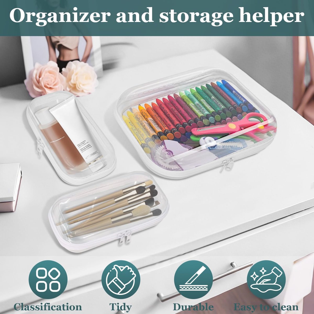 CarryEpic Clear Hard Shell Zipper Cases (3 Pack) - Plastic Hard Sided Pencil Case, Travel Cosmetic Bag, Diaper Bag Organizer - 2 Small + 1 Medium - görsel 8