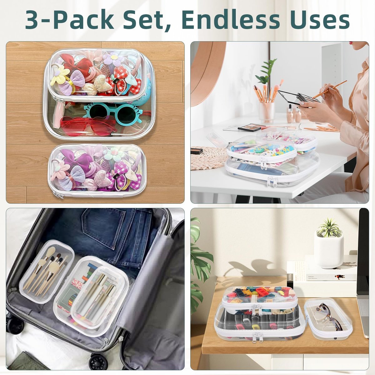 CarryEpic Clear Hard Shell Zipper Cases (3 Pack) - Plastic Hard Sided Pencil Case, Travel Cosmetic Bag, Diaper Bag Organizer - 2 Small + 1 Medium - görsel 4