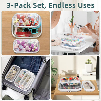 CarryEpic Clear Hard Shell Zipper Cases (3 Pack) - Plastic Hard Sided Pencil Case, Travel Cosmetic Bag, Diaper Bag Organizer - 2 Small + 1 Medium