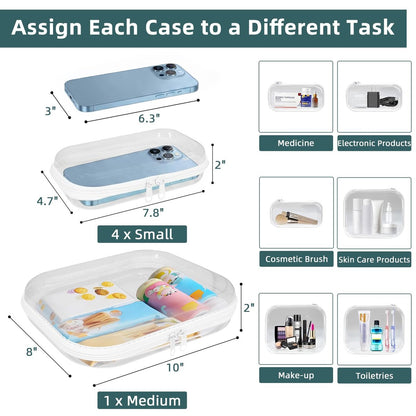 CarryEpic Clear Hard Shell Zipper Cases (3 Pack) - Plastic Hard Sided Pencil Case, Travel Cosmetic Bag, Diaper Bag Organizer - 2 Small + 1 Medium
