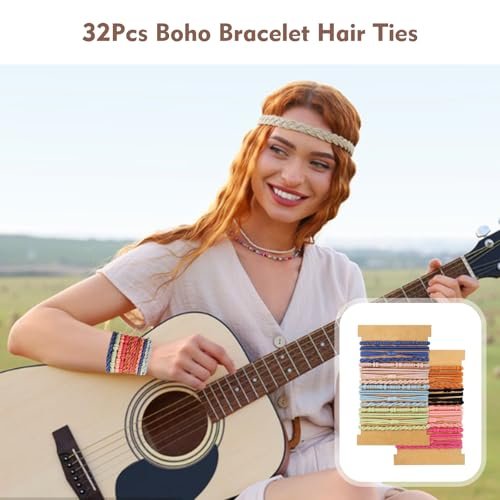 32Pcs Boho Bracelet Hair Ties – No Damage Elastic Hair Bands for Women & Girls, Soft Brown Rubber Ties for Thick or Thin Hair - görsel 12