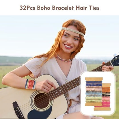 32Pcs Boho Bracelet Hair Ties – No Damage Elastic Hair Bands for Women & Girls, Soft Brown Rubber Ties for Thick or Thin Hair