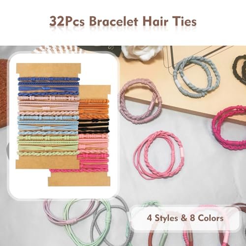 32Pcs Boho Bracelet Hair Ties – No Damage Elastic Hair Bands for Women & Girls, Soft Brown Rubber Ties for Thick or Thin Hair - görsel 6