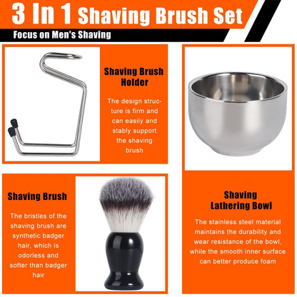 VALENTISE Shaving Brush Set - 3 in 1 with Stainless Steel Stand and Bowl, Synthetic Badger Hair Shave Brush for Men