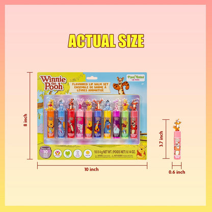 Winnie the Pooh 10 Piece Plant Based Lip Balm Set with Bonus Toppers - Natural Lip Care for Kids, Birthday Party Favors, Sleepovers, and Gift Giving by Townley Girl