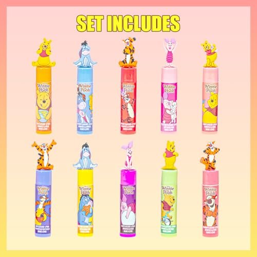 Winnie the Pooh 10 Piece Plant Based Lip Balm Set with Bonus Toppers - Natural Lip Care for Kids, Birthday Party Favors, Sleepovers, and Gift Giving by Townley Girl - görsel 4