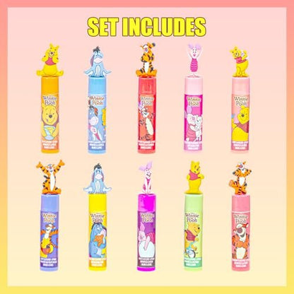 Winnie the Pooh 10 Piece Plant Based Lip Balm Set with Bonus Toppers - Natural Lip Care for Kids, Birthday Party Favors, Sleepovers, and Gift Giving by Townley Girl