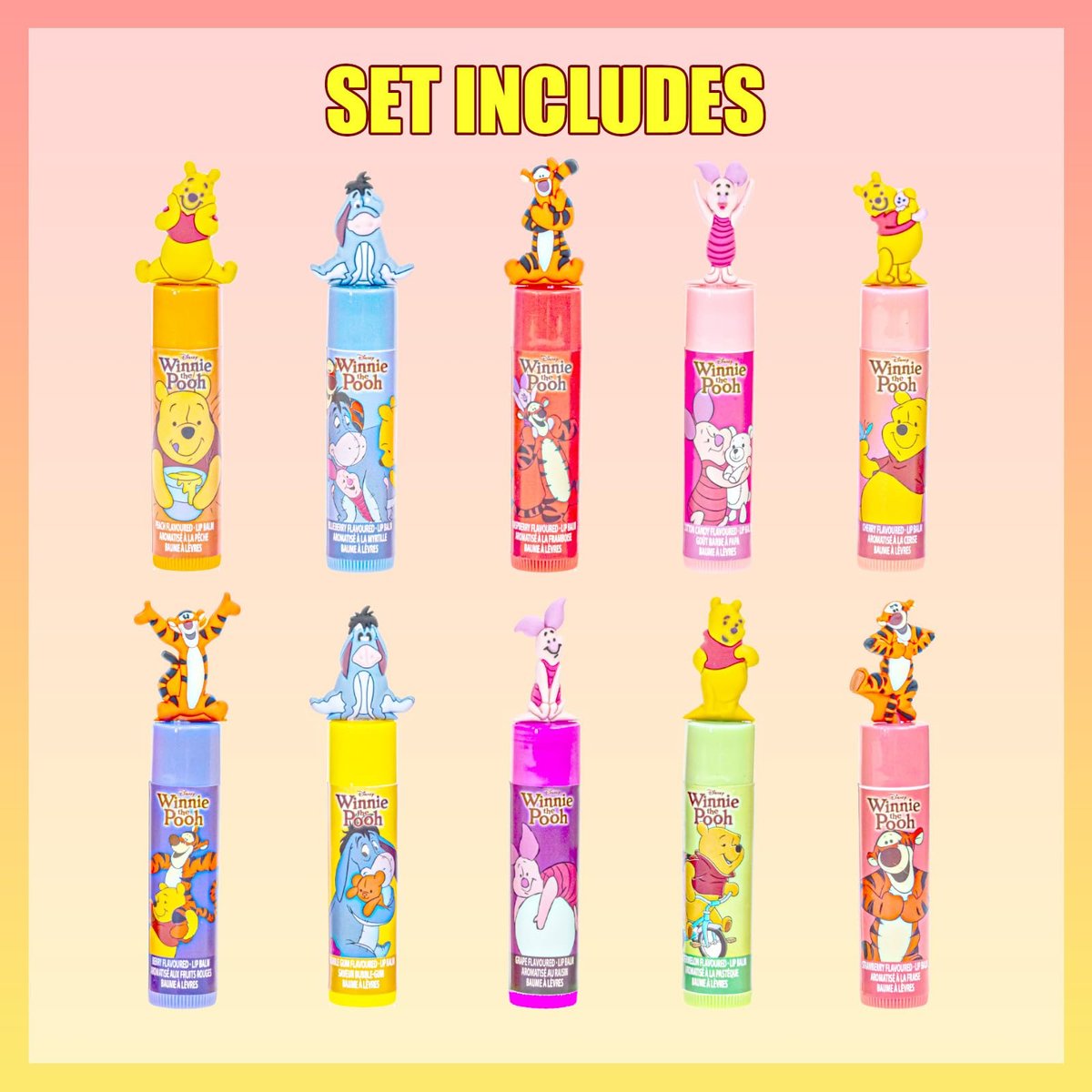 Winnie the Pooh 10 Piece Plant Based Lip Balm Set with Bonus Toppers - Natural Lip Care for Kids, Birthday Party Favors, Sleepovers, and Gift Giving by Townley Girl - görsel 3