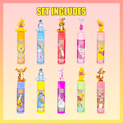 Winnie the Pooh 10 Piece Plant Based Lip Balm Set with Bonus Toppers - Natural Lip Care for Kids, Birthday Party Favors, Sleepovers, and Gift Giving by Townley Girl