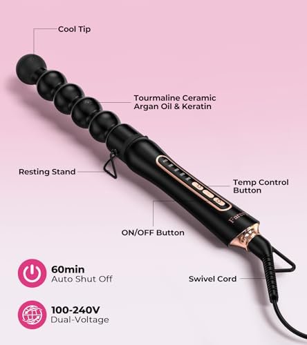 Farery Bubble Curling Wand for Long Hair - 32mm Ceramic Tourmaline Barrel, Springless Design for Defined Spiral Curls & Waves, 5 Heat Settings, Dual Voltage, Includes Heat Resistant Glove Avelisse