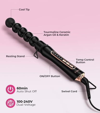 Farery Bubble Curling Wand for Long Hair - 32mm Ceramic Tourmaline Barrel, Springless Design for Defined Spiral Curls & Waves, 5 Heat Settings, Dual Voltage, Includes Heat Resistant Glove Avelisse