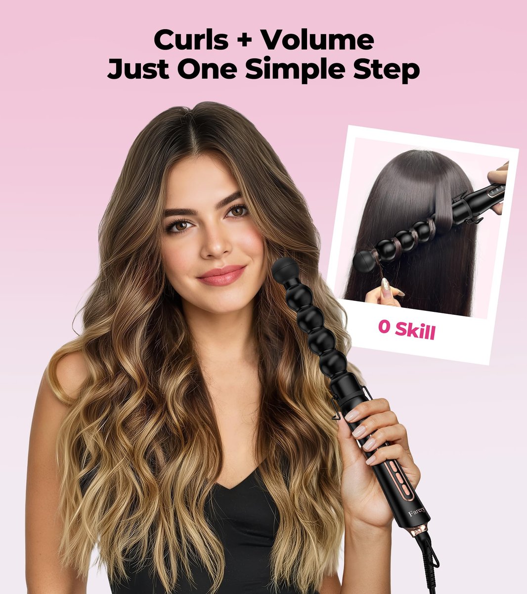 Farery Bubble Curling Wand for Long Hair - 32mm Ceramic Tourmaline Barrel, Springless Design for Defined Spiral Curls & Waves, 5 Heat Settings, Dual Voltage, Includes Heat Resistant Glove Avelisse