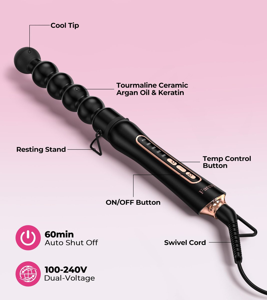 Farery Bubble Curling Wand for Long Hair - 32mm Ceramic Tourmaline Barrel, Springless Design for Defined Spiral Curls & Waves, 5 Heat Settings, Dual Voltage, Includes Heat Resistant Glove Avelisse
