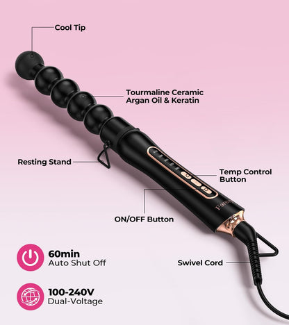 Farery Bubble Curling Wand for Long Hair - 32mm Ceramic Tourmaline Barrel, Springless Design for Defined Spiral Curls & Waves, 5 Heat Settings, Dual Voltage, Includes Heat Resistant Glove Avelisse