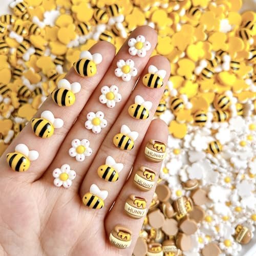 20 Pcs Cartoon Bee Nail Charms - Cute Flower Resin Nail Art Decorations for Acrylic Nails