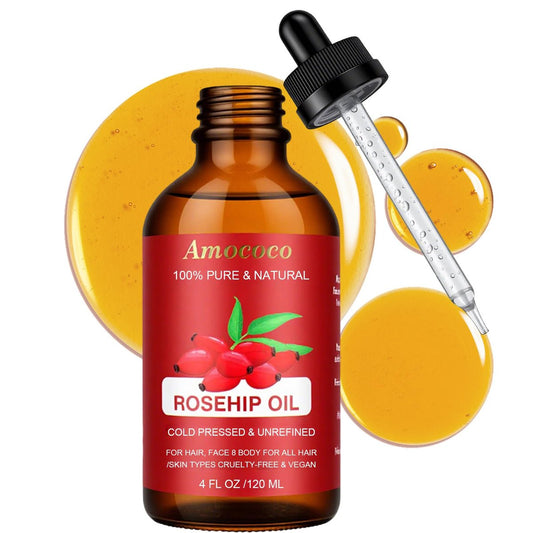 Amococo Organic Cold Pressed Rosehip Oil for Face - Natural Rose Hip Seed Oil, Nutrient Rich Facial Serum for Skin Care, Moisturize Dry Skin, 4 Fl Oz