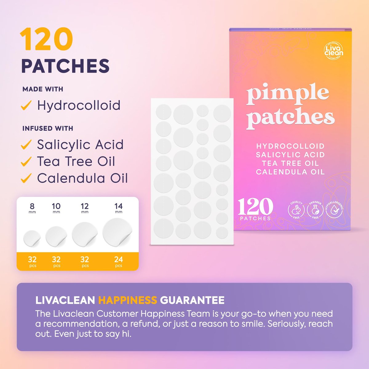 Livaclean 120 CT Pimple Patches with Salicylic Acid, Tea Tree & Calendula Oil – Four Sizes Acne Patches for Face, Hydrocolloid Zit Dots, Invisible Acne Stickers - görsel 4