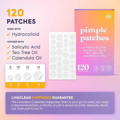 Livaclean 120 CT Pimple Patches with Salicylic Acid, Tea Tree & Calendula Oil – Four Sizes Acne Patches for Face, Hydrocolloid Zit Dots, Invisible Acne Stickers