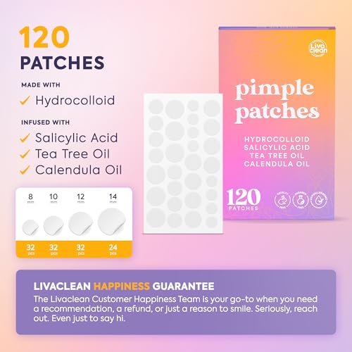 Livaclean 120 CT Pimple Patches with Salicylic Acid, Tea Tree & Calendula Oil – Four Sizes Acne Patches for Face, Hydrocolloid Zit Dots, Invisible Acne Stickers - görsel 3