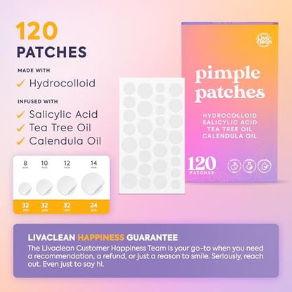 Livaclean 120 CT Pimple Patches with Salicylic Acid, Tea Tree & Calendula Oil – Four Sizes Acne Patches for Face, Hydrocolloid Zit Dots, Invisible Acne Stickers