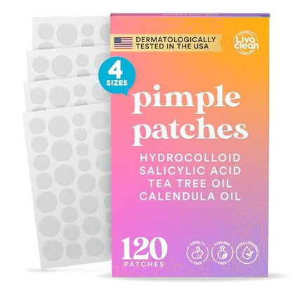 Livaclean 120 CT Pimple Patches with Salicylic Acid, Tea Tree & Calendula Oil – Four Sizes Acne Patches for Face, Hydrocolloid Zit Dots, Invisible Acne Stickers