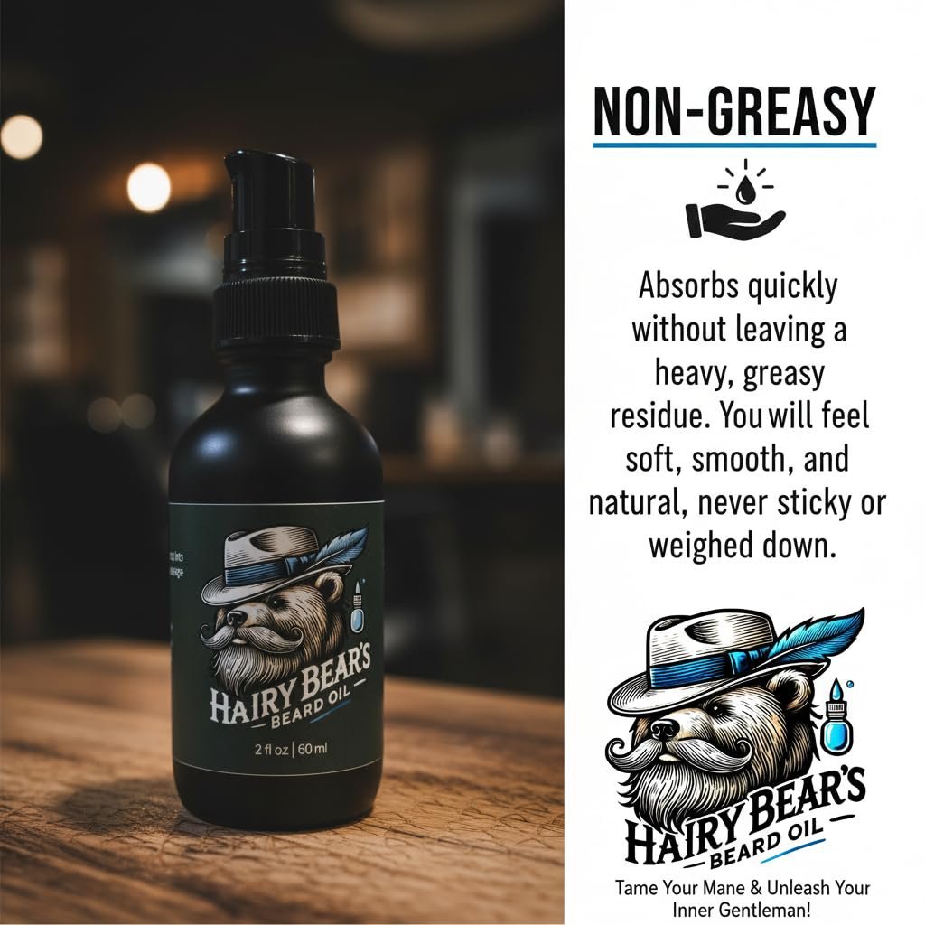 Hairy Bear’s Beard Conditioning Oil – Sandalwood | Organic Castor & Jojoba | Non-Greasy Beard Conditioner | 2 fl oz Pump Glass Bottle - görsel 7