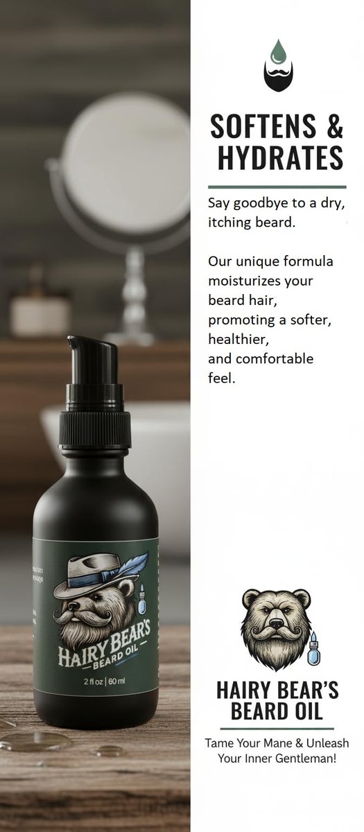 Hairy Bear’s Beard Conditioning Oil – Sandalwood | Organic Castor & Jojoba | Non-Greasy Beard Conditioner | 2 fl oz Pump Glass Bottle - görsel 11