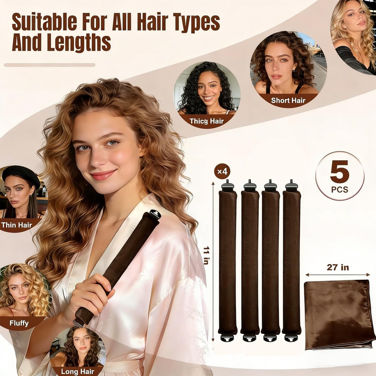 5-Piece Heatless Hair Curler Set with Satin Scarf – Overnight Curls No Heat Blowout Rods for Sleeping Avelisse