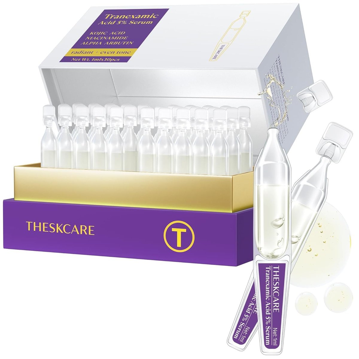 THESKCARE 5% Tranexamic Acid Serum Ampoule with Niacinamide, Kojic Acid & Alpha Arbutin - Skin Brightening & Dark Spot Corrector, 30 Ampoules Avelisse