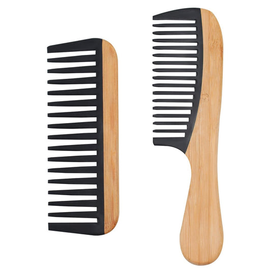 YLMUSU 2-Pack Bamboo Detangling Comb Set - Anti-Static Wide Tooth Comb for Wet, Curly & Thick Hair with Bakelite Teeth