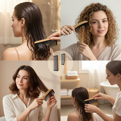 YLMUSU 2-Pack Bamboo Detangling Comb Set - Anti-Static Wide Tooth Comb for Wet, Curly & Thick Hair with Bakelite Teeth