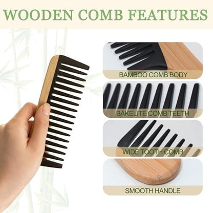 YLMUSU 2-Pack Bamboo Detangling Comb Set - Anti-Static Wide Tooth Comb for Wet, Curly & Thick Hair with Bakelite Teeth
