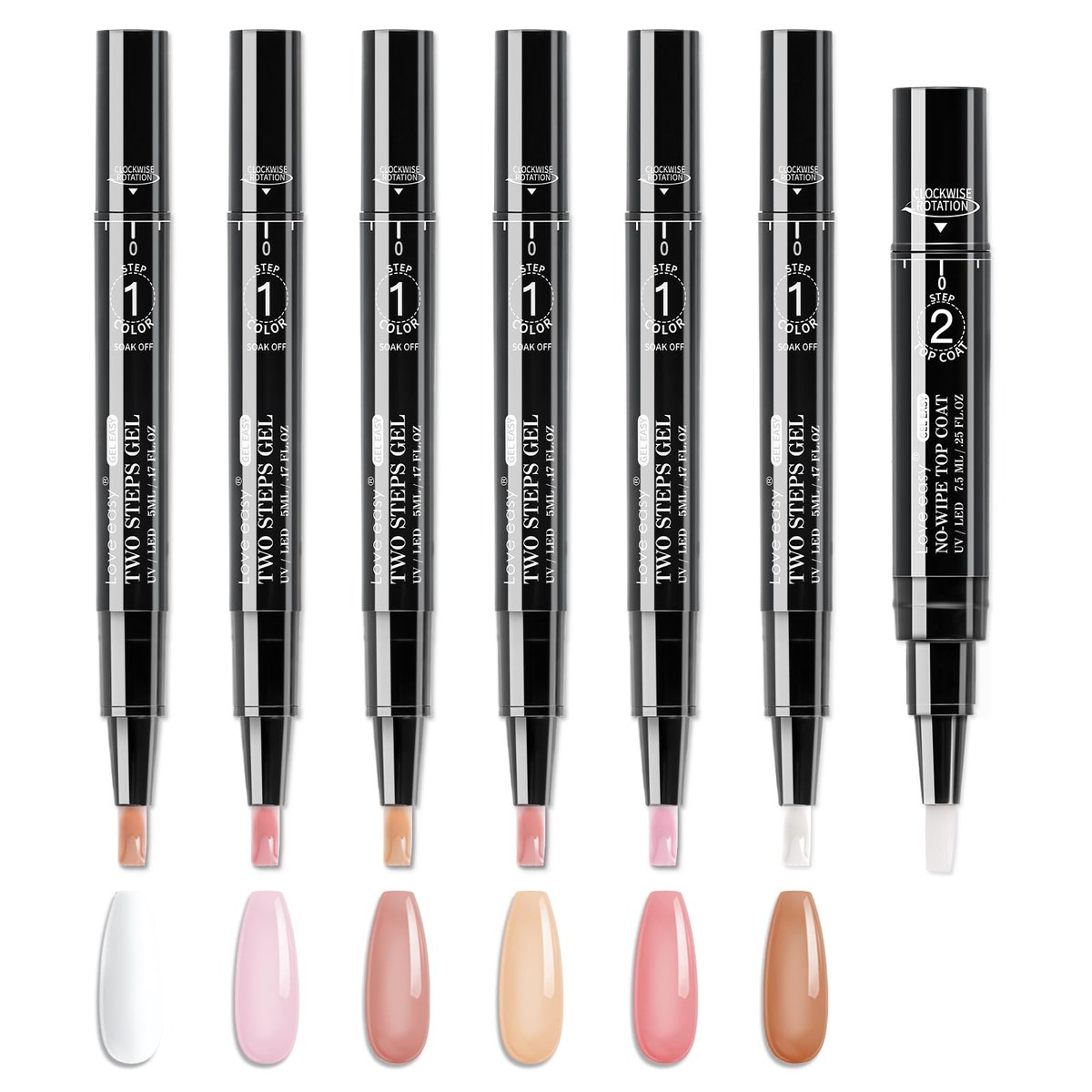Love easy 2 Step Nail Polish Pens Set - 6 Nude Natural Color Builder Base + 1 Top Coat, Hema Free High Gloss Long Lasting Portable Gel Nail Polish Kit for Women (UV Needed) Avelisse
