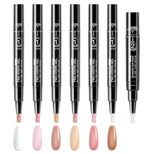 Love easy 2 Step Nail Polish Pens Set - 6 Nude Natural Color Builder Base + 1 Top Coat, Hema Free High Gloss Long Lasting Portable Gel Nail Polish Kit for Women (UV Needed) Avelisse