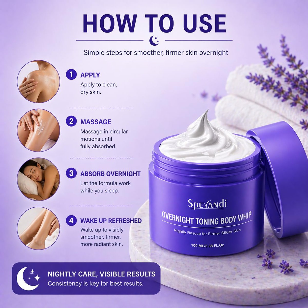 Sperandi Overnight Toning Whip - Anti-Wrinkle Firming Body Lotion for Smooth & Tight Skin, Targets Loose Skin & Stretch Marks on Belly, Thighs & Booty, 3.38 fl oz Avelisse