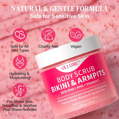 Bikini Area Exfoliator with 10% AHAs BHA & Vitamin C - Exfoliating Body Scrub for Ingrown Hair, Underarm Bumps, Dark Spots, Moisturize & Brighten - Sensitive Skin Safe, 7.76 oz