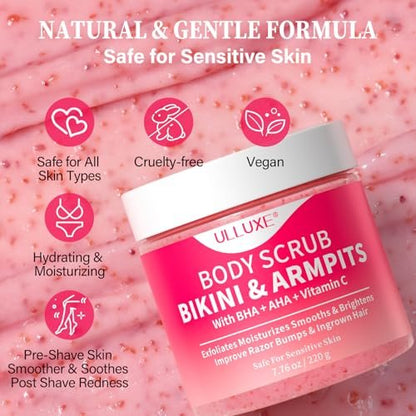 Bikini Area Exfoliator with 10% AHAs BHA & Vitamin C - Exfoliating Body Scrub for Ingrown Hair, Underarm Bumps, Dark Spots, Moisturize & Brighten - Sensitive Skin Safe, 7.76 oz