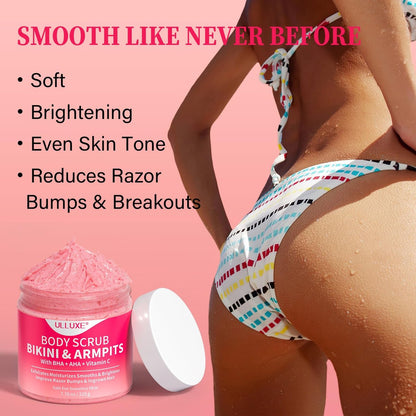 Bikini Area Exfoliator with 10% AHAs BHA & Vitamin C - Exfoliating Body Scrub for Ingrown Hair, Underarm Bumps, Dark Spots, Moisturize & Brighten - Sensitive Skin Safe, 7.76 oz