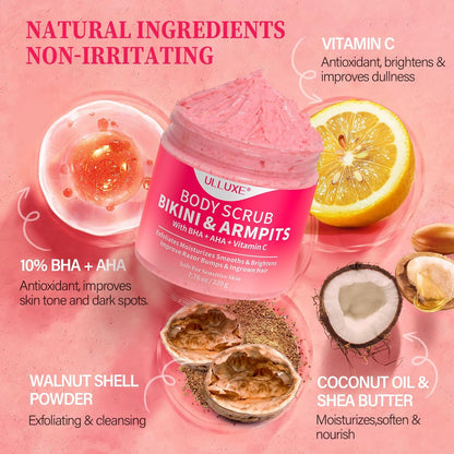 Bikini Area Exfoliator with 10% AHAs BHA & Vitamin C - Exfoliating Body Scrub for Ingrown Hair, Underarm Bumps, Dark Spots, Moisturize & Brighten - Sensitive Skin Safe, 7.76 oz