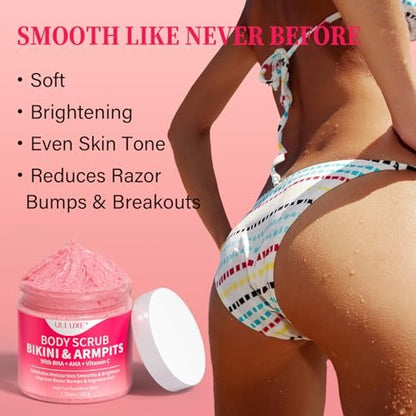 Bikini Area Exfoliator with 10% AHAs BHA & Vitamin C - Exfoliating Body Scrub for Ingrown Hair, Underarm Bumps, Dark Spots, Moisturize & Brighten - Sensitive Skin Safe, 7.76 oz
