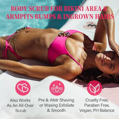 Bikini Area Exfoliator with 10% AHAs BHA & Vitamin C - Exfoliating Body Scrub for Ingrown Hair, Underarm Bumps, Dark Spots, Moisturize & Brighten - Sensitive Skin Safe, 7.76 oz