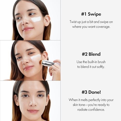 ELROEL Blanc Cover Cream Stick V White - Korean Color-Changing Foundation Stick with Volufiline - Medium to Full Coverage Dewy Finish Base Makeup - Dual-Ended with Detachable Brush (204 Tan) Avelisse