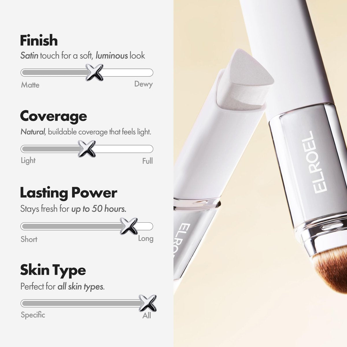 ELROEL Blanc Cover Cream Stick V White - Korean Color-Changing Foundation Stick with Volufiline - Medium to Full Coverage Dewy Finish Base Makeup - Dual-Ended with Detachable Brush (204 Tan) Avelisse