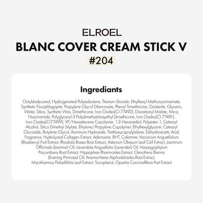 ELROEL Blanc Cover Cream Stick V White - Korean Color-Changing Foundation Stick with Volufiline - Medium to Full Coverage Dewy Finish Base Makeup - Dual-Ended with Detachable Brush (204 Tan) Avelisse