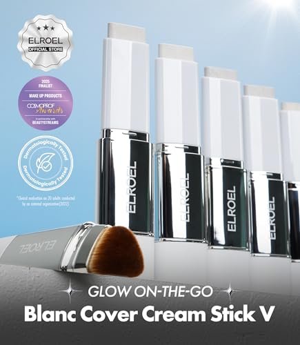 ELROEL Blanc Cover Cream Stick V White - Korean Color-Changing Foundation Stick with Volufiline - Medium to Full Coverage Dewy Finish Base Makeup - Dual-Ended with Detachable Brush (204 Tan) Avelisse