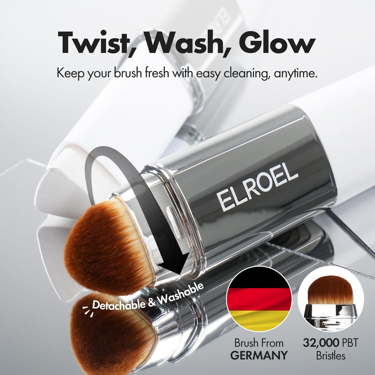 ELROEL Blanc Cover Cream Stick V White - Korean Color-Changing Foundation Stick with Volufiline - Medium to Full Coverage Dewy Finish Base Makeup - Dual-Ended with Detachable Brush (204 Tan) Avelisse