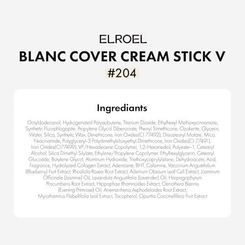 ELROEL Blanc Cover Cream Stick V White - Korean Color-Changing Foundation Stick with Volufiline - Medium to Full Coverage Dewy Finish Base Makeup - Dual-Ended with Detachable Brush (204 Tan) Avelisse