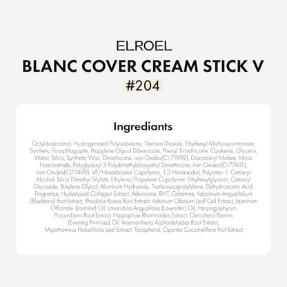 ELROEL Blanc Cover Cream Stick V White - Korean Color-Changing Foundation Stick with Volufiline - Medium to Full Coverage Dewy Finish Base Makeup - Dual-Ended with Detachable Brush (204 Tan) Avelisse