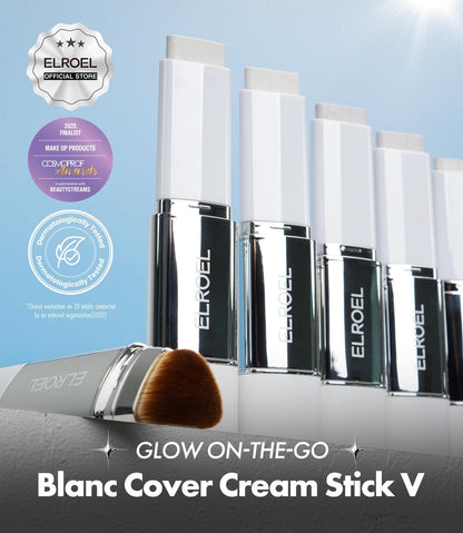 ELROEL Blanc Cover Cream Stick V White - Korean Color-Changing Foundation Stick with Volufiline - Medium to Full Coverage Dewy Finish Base Makeup - Dual-Ended with Detachable Brush (204 Tan) Avelisse